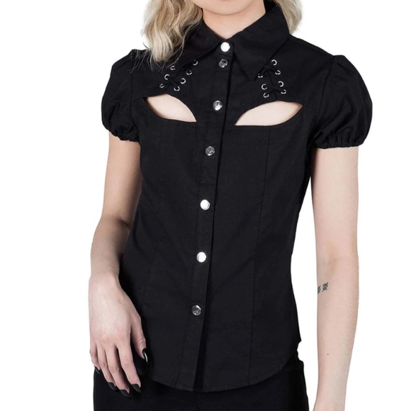 Killstar Tops - Killstar Hellstar Lace Up Button Down Black Puff Sleeve Goth Shirt XXL N…